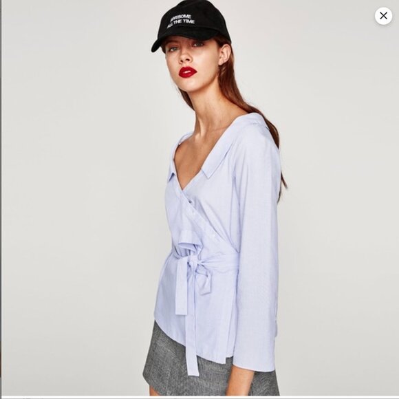 Zara Striped Wrap Blouse with Belt in  Sky Blue Size XS NEW WITH TA… - Picture 2 of 8